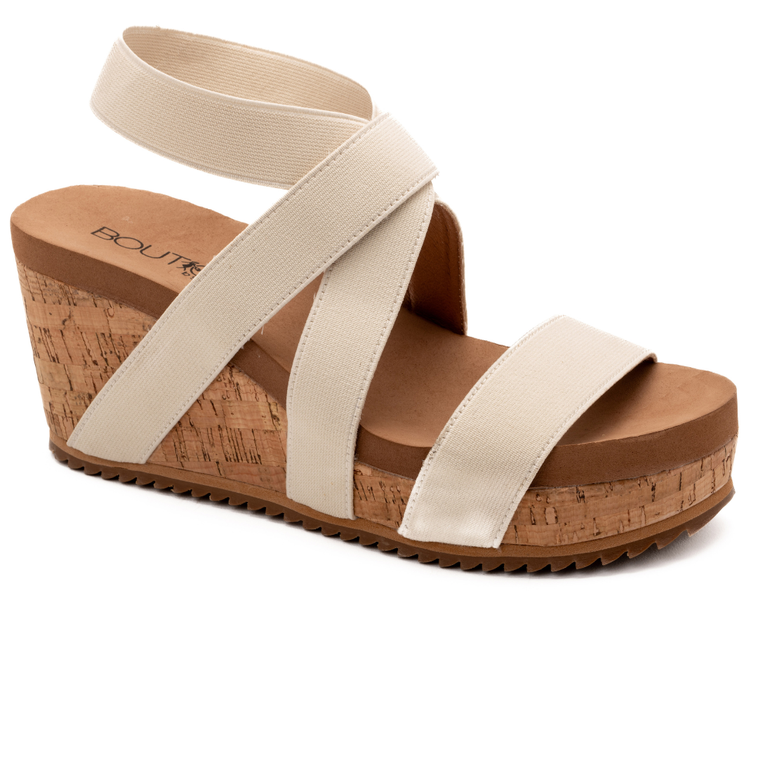 "Quirky" Elastic Strap Cork Wedge Sandal (Ivory)