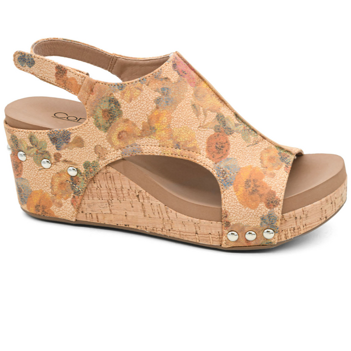 Corkys "Carley" Wedge Sandal (Camel Washed Flower)