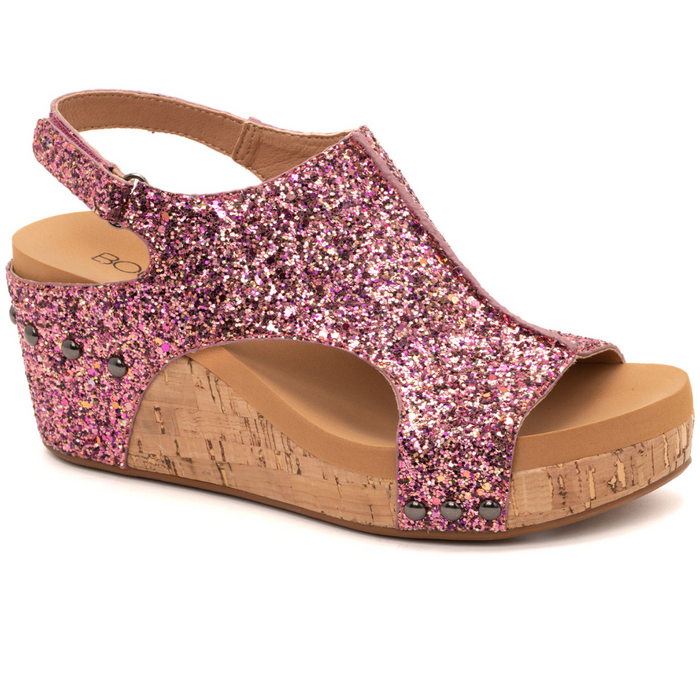 "Carley" Wedge Sandal By Corkys (Mixed Berry Glitter)