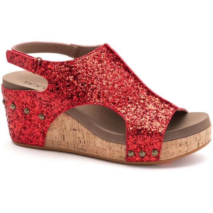 "Carley" Cork Wedge Sandal (Red Glitter)