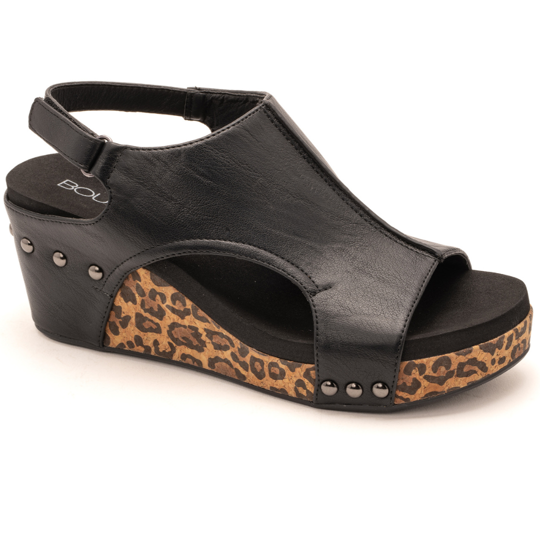 "Carley" Cork Wedge Sandal (Black Smooth Leopard)