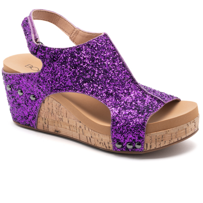 "Carley" Cork Wedge Sandal (Purple Glitter)