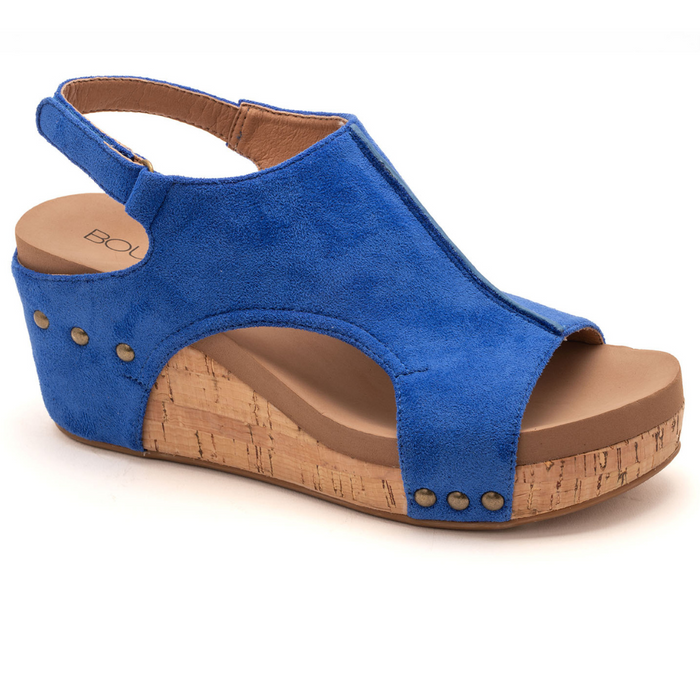 "Carley" Wedge Sandal By Corkys (Electric Blue Faux Suede)
