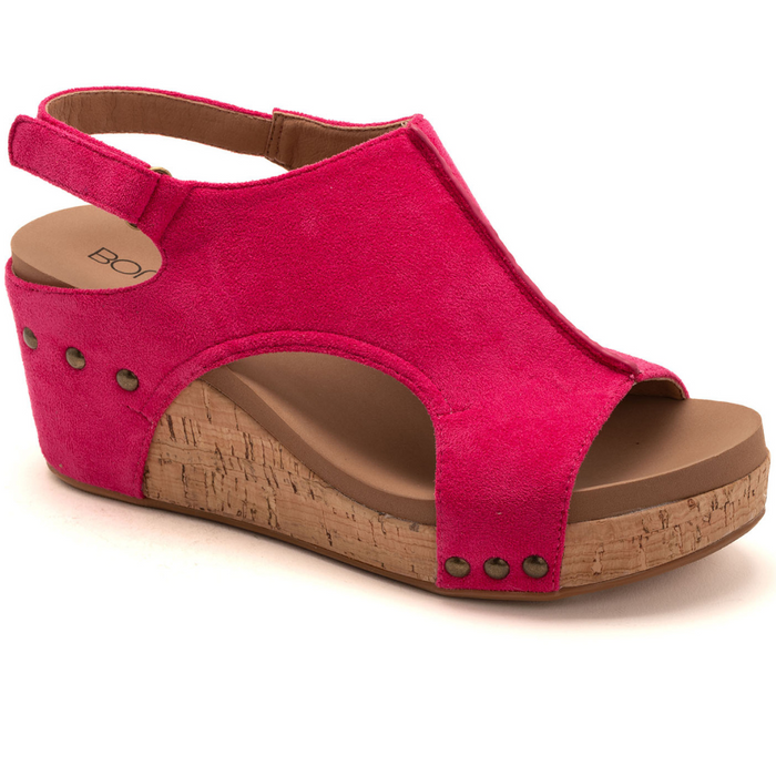 "Carley" Wedge Sandal By Corkys (Fuchsia Faux Suede)