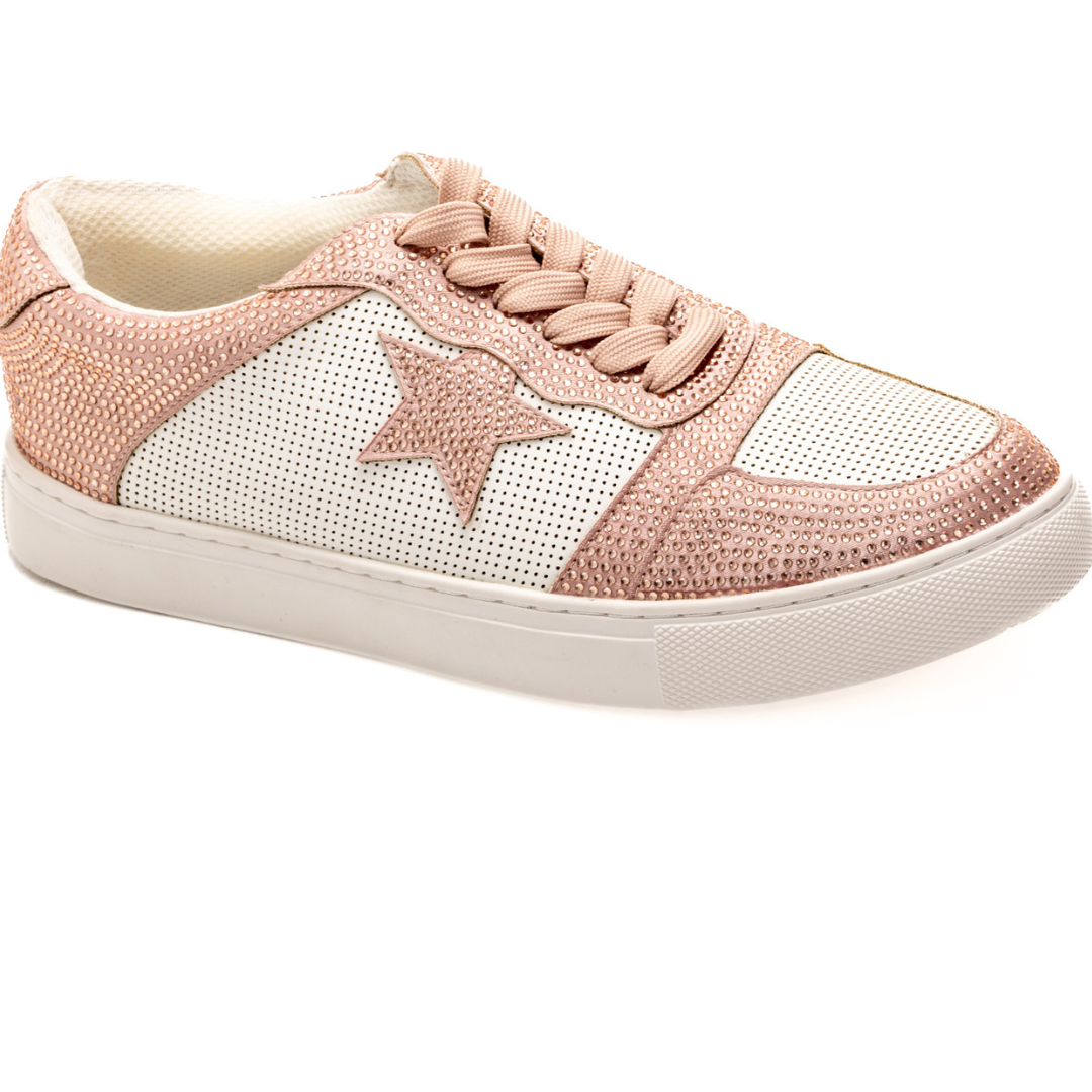 "Legendary" Star Detail Lace Up Tennis Shoe with Crystals (Blush)