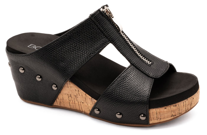 "Taboo" Wedge Slip On Sandal with Zipper Detail (Black)
