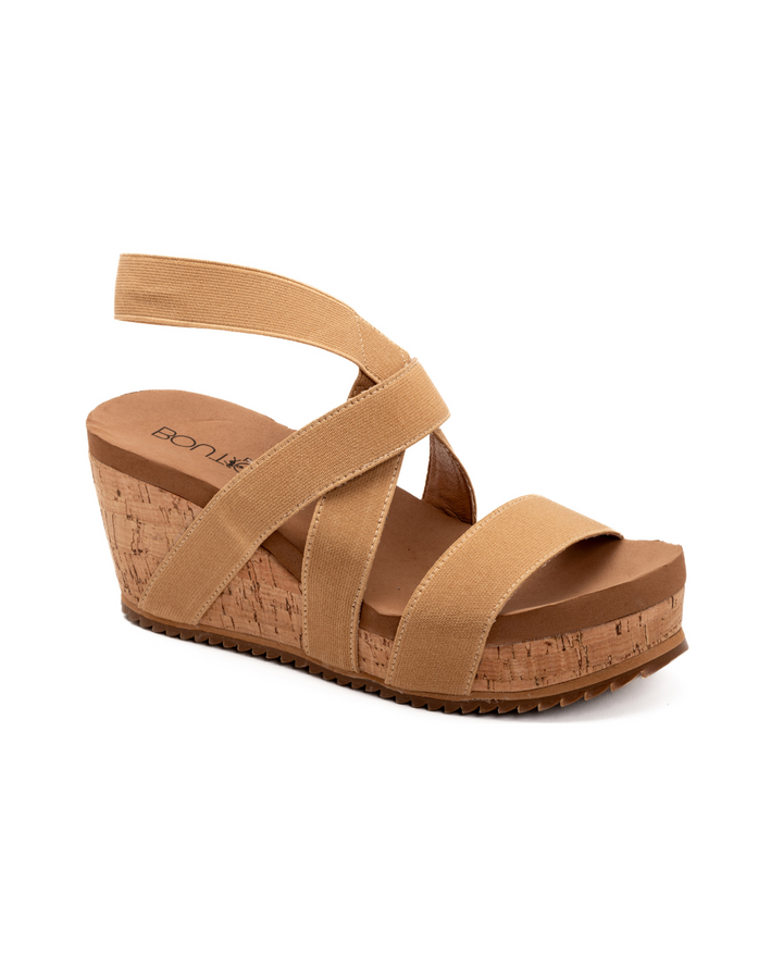 Corkys "Quirky" Elastic Strap Cork Wedge Sandal (Camel)