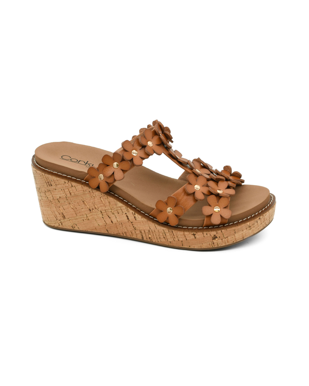 "Mic Drop" By Corkys Floral Embellished Slip on Wedge Sandal (Cognac)