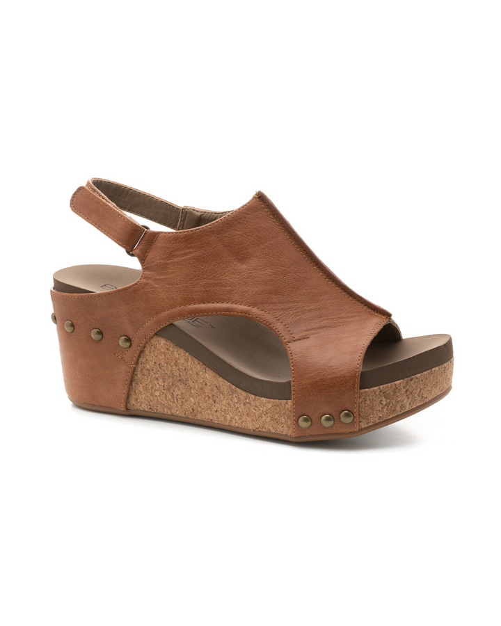 "Carley" Wedge Sandal By Corkys (Cognac Smooth)