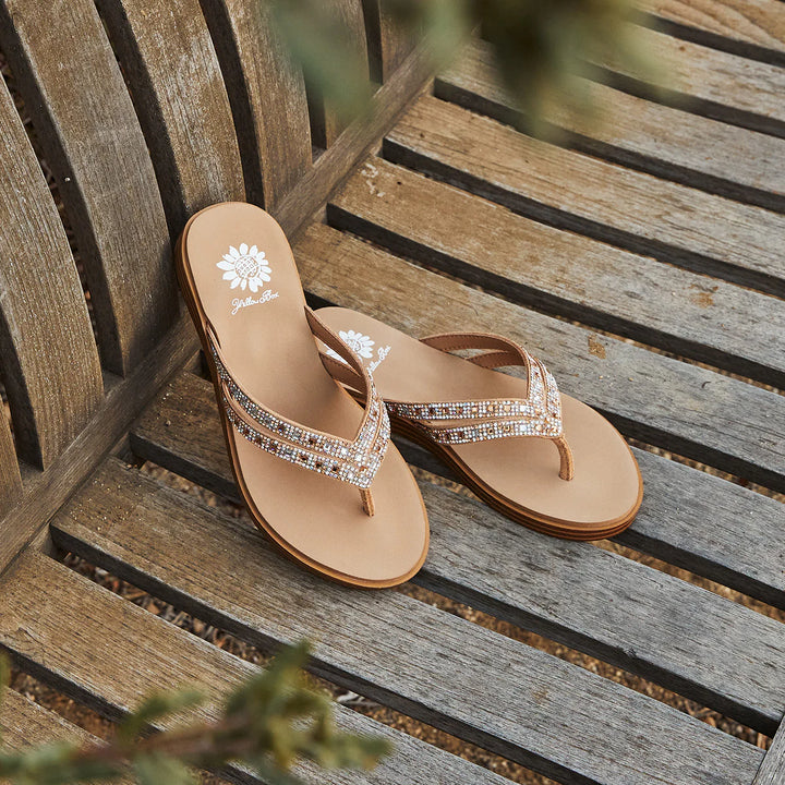 "Dalia" Double Strap Rhinestone Flip Flop By Yellowbox (Sand)