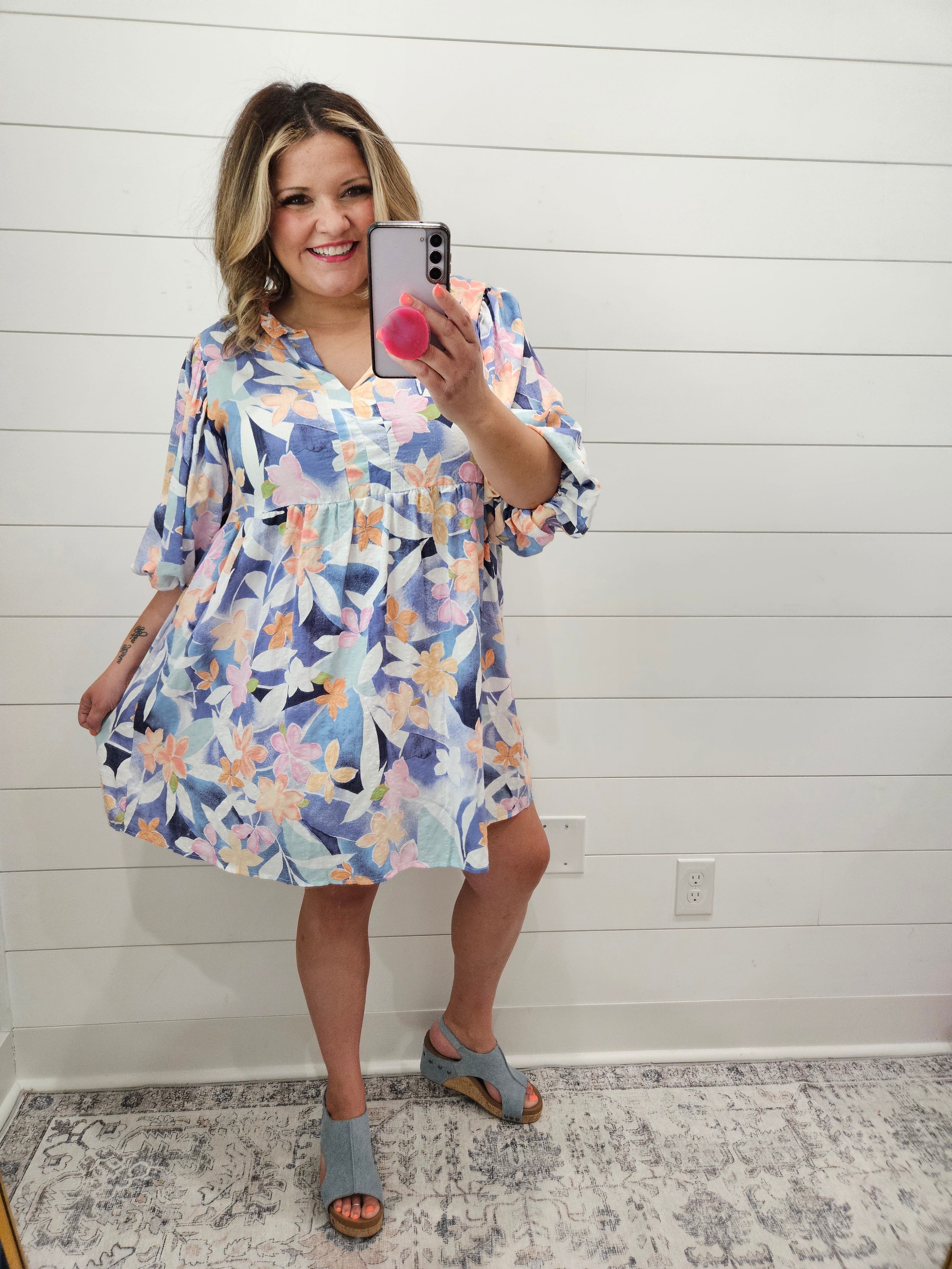 "Adalaide" Floral Split Neck Balloon Sleeve Tunic / Dress-Lola Monroe Boutique