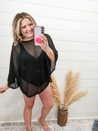 "Added Touch" Loose Knit Cover Up Top (Black)-Lola Monroe Boutique