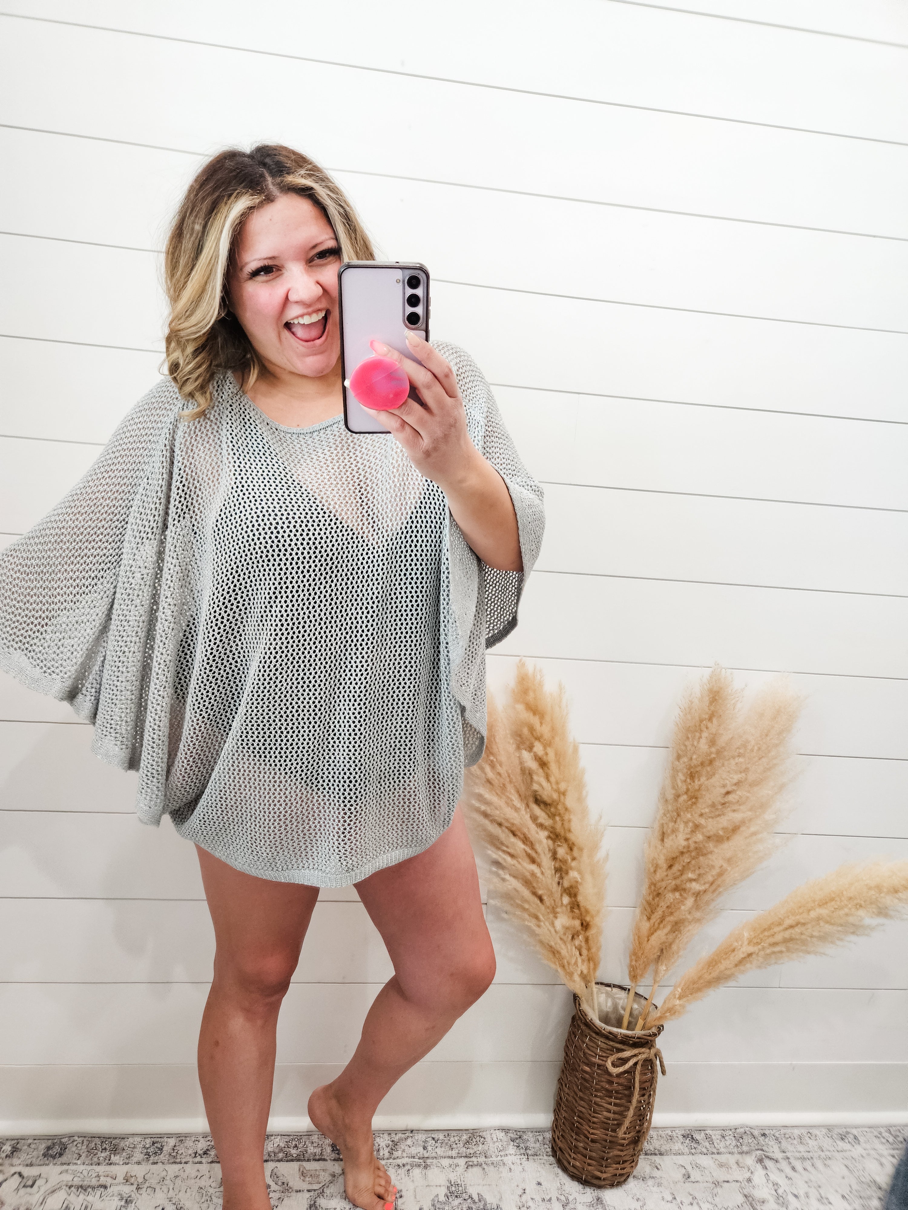 "Added Touch" Loose Knit Cover Up Top (Silver)-Lola Monroe Boutique