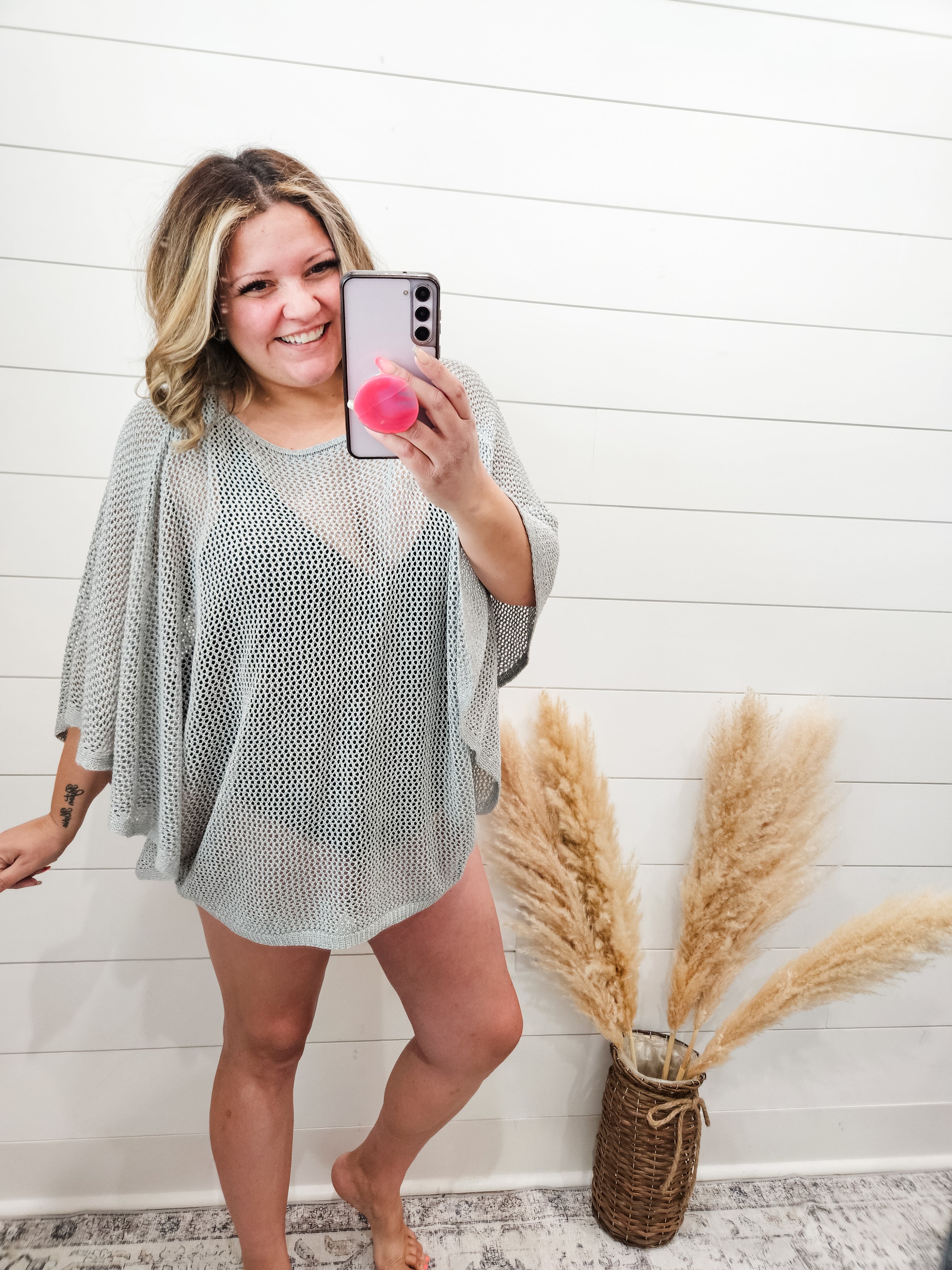 "Added Touch" Loose Knit Cover Up Top (Silver)-Lola Monroe Boutique