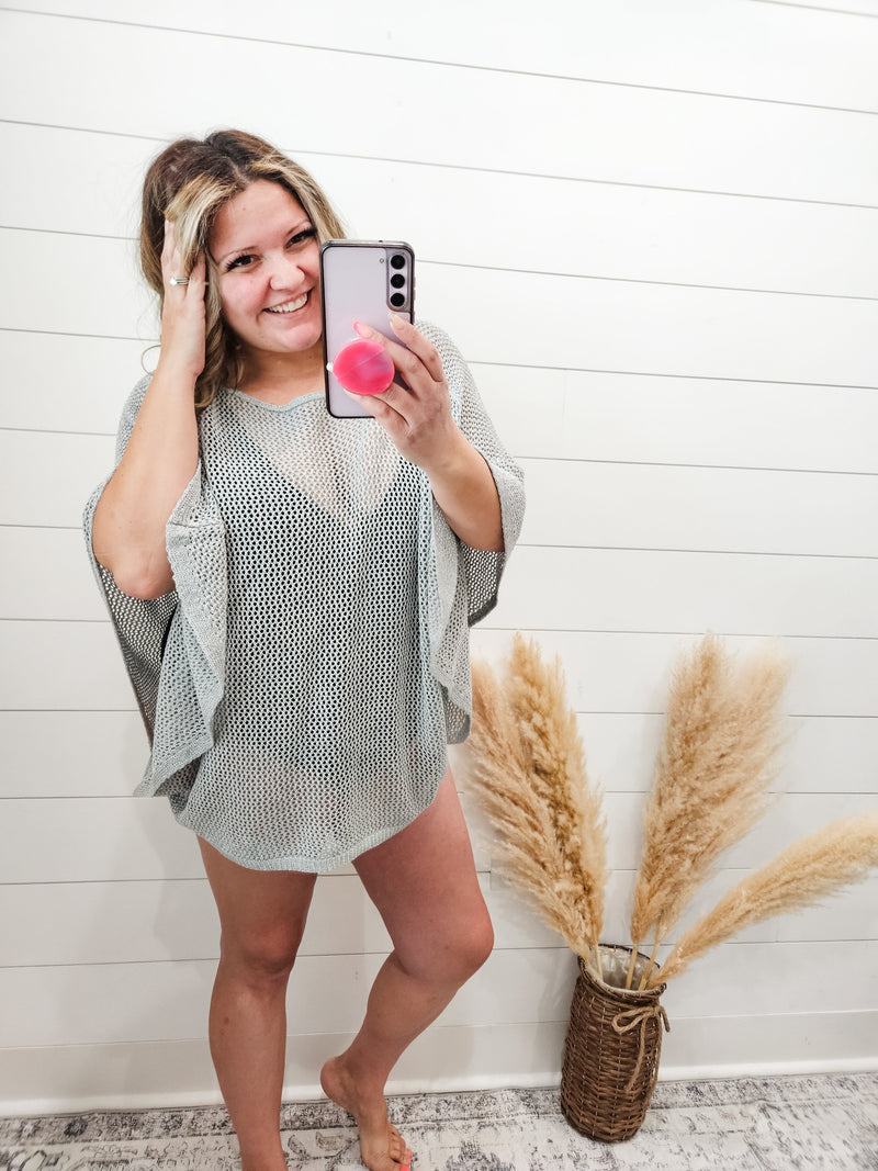 "Added Touch" Loose Knit Cover Up Top (Silver)-Lola Monroe Boutique