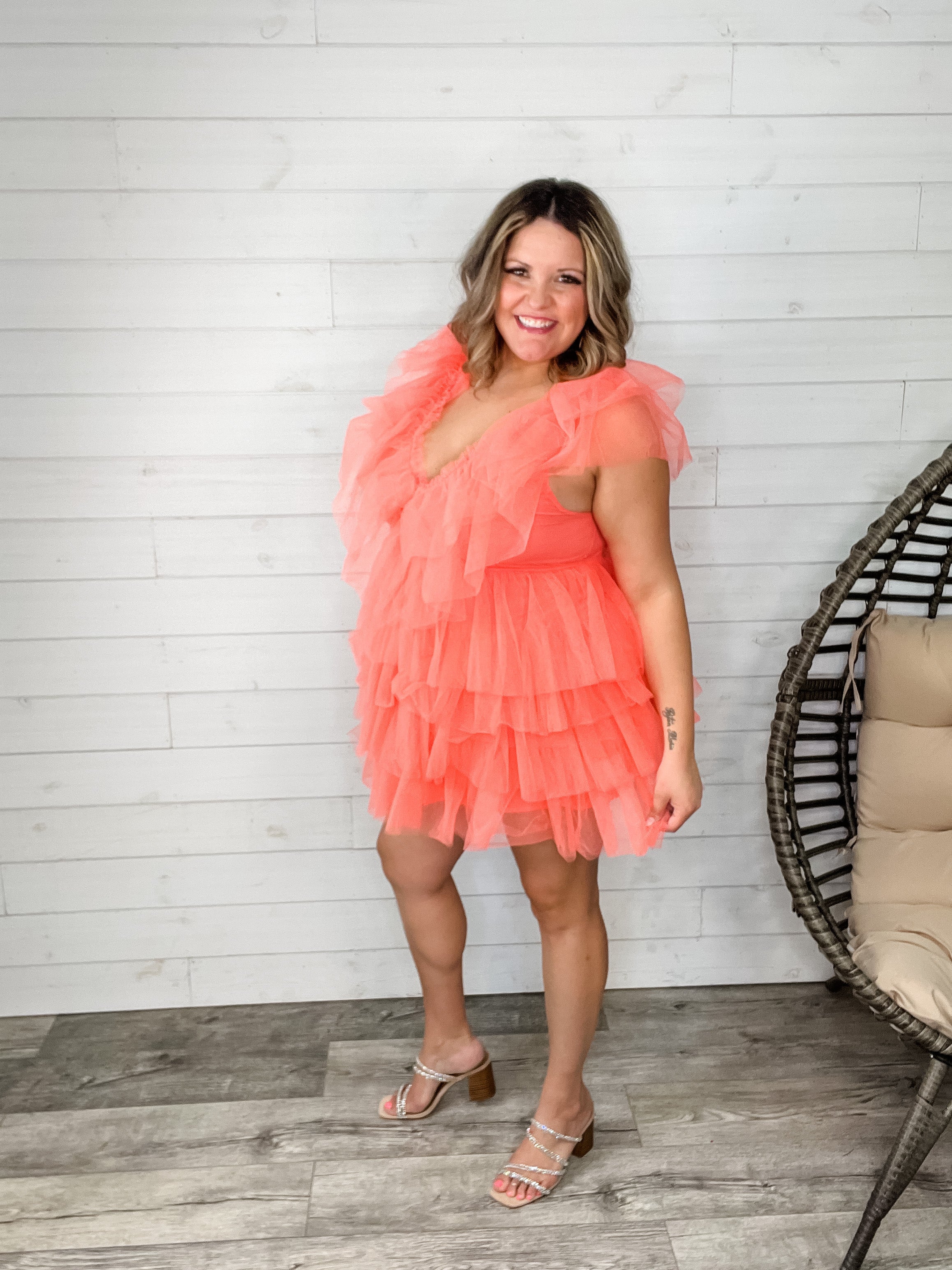 "Ain't No Party Like A" Tulle Tiered Dress (Coral)-Lola Monroe Boutique