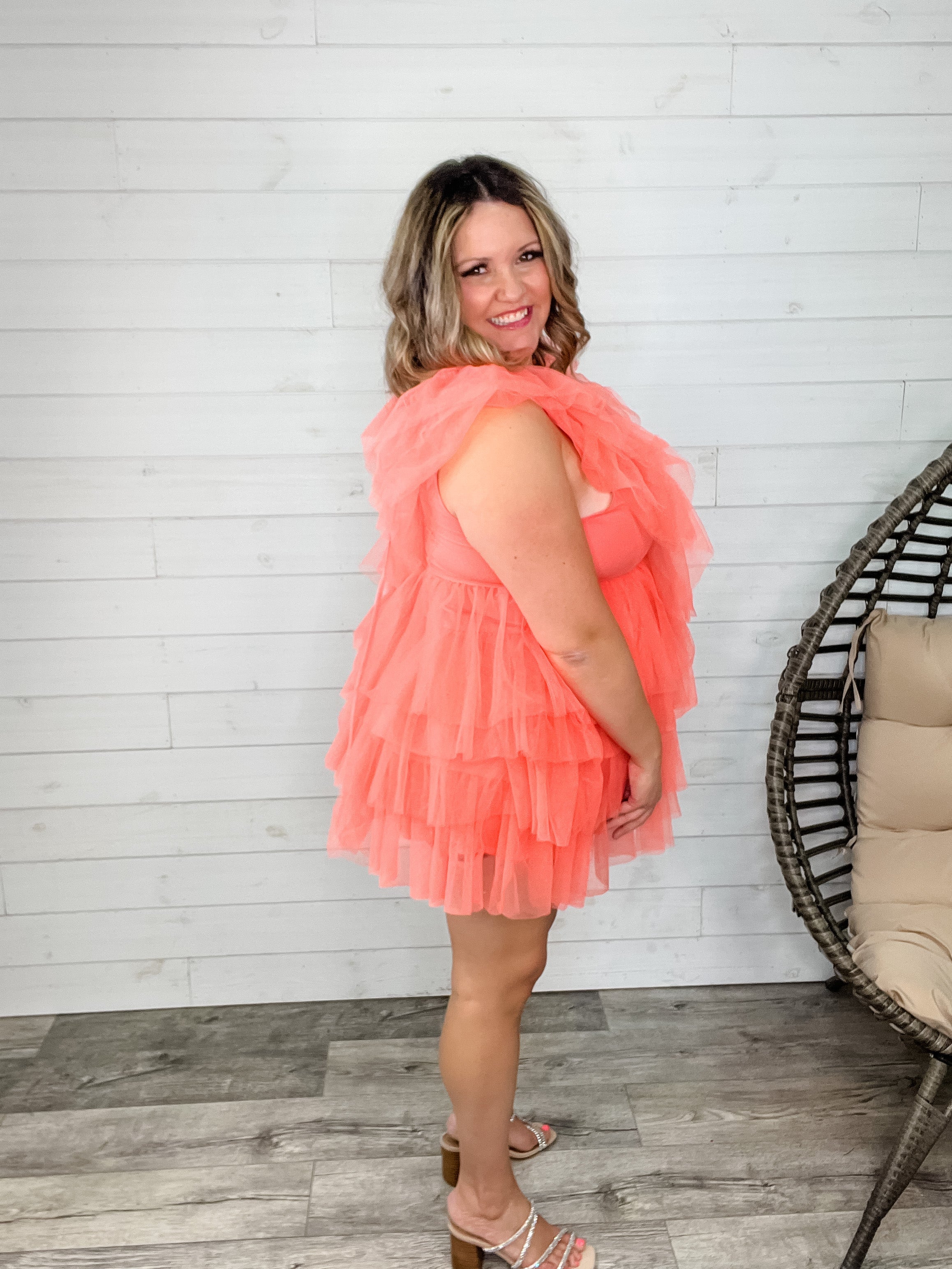 "Ain't No Party Like A" Tulle Tiered Dress (Coral)-Lola Monroe Boutique