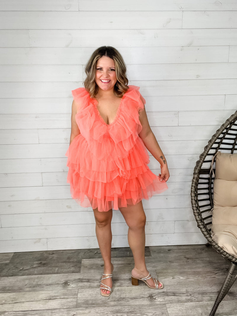 "Ain't No Party Like A" Tulle Tiered Dress (Coral)-Lola Monroe Boutique