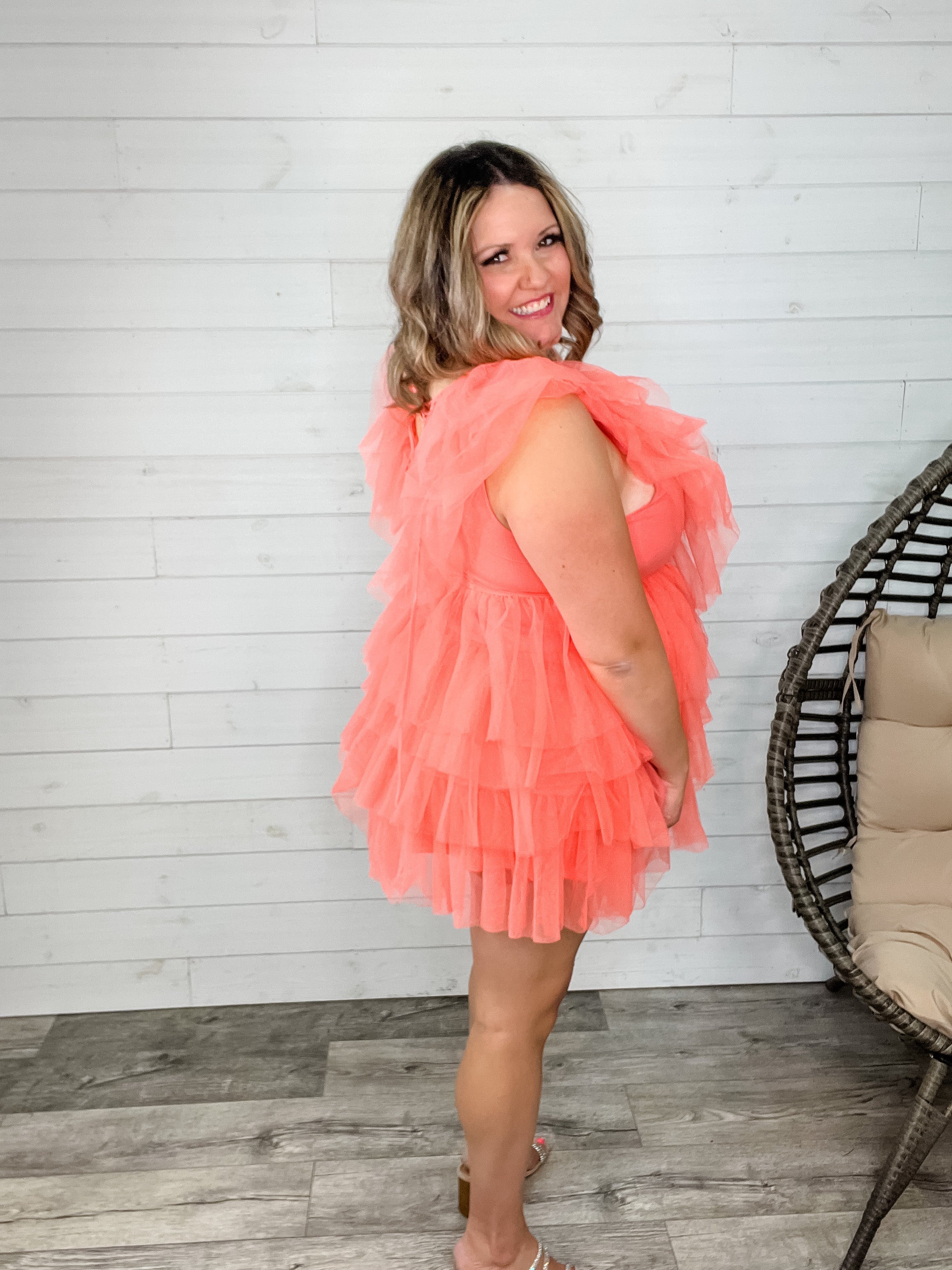 "Ain't No Party Like A" Tulle Tiered Dress (Coral)-Lola Monroe Boutique