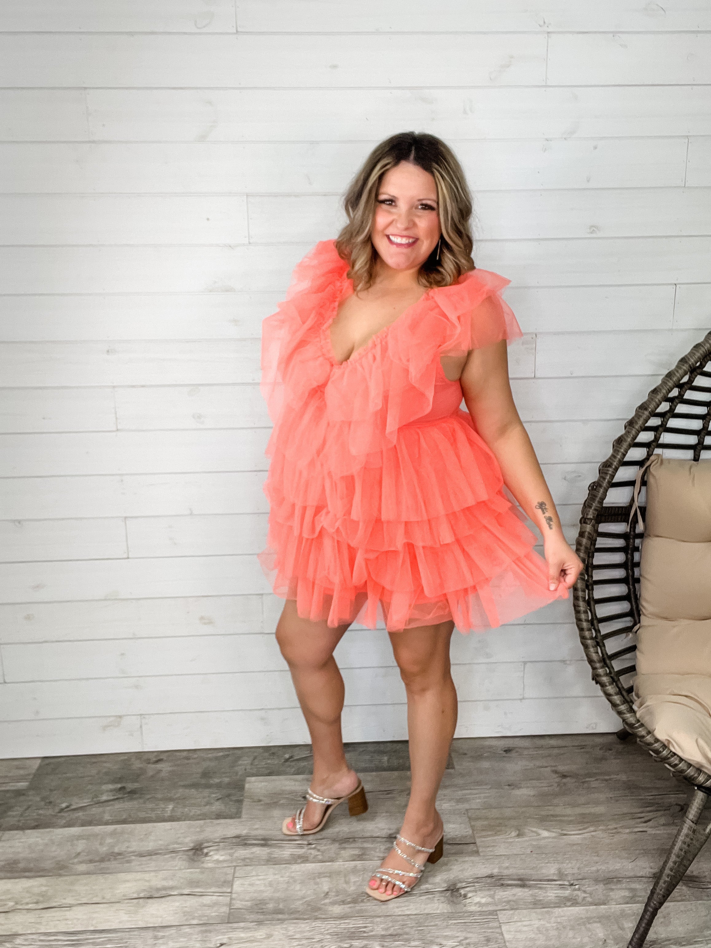 "Ain't No Party Like A" Tulle Tiered Dress (Coral)-Lola Monroe Boutique