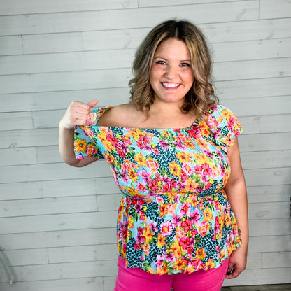 "All Eyes On Me" Floral Animal Smocked Peplum Ruffle Cap Sleeve