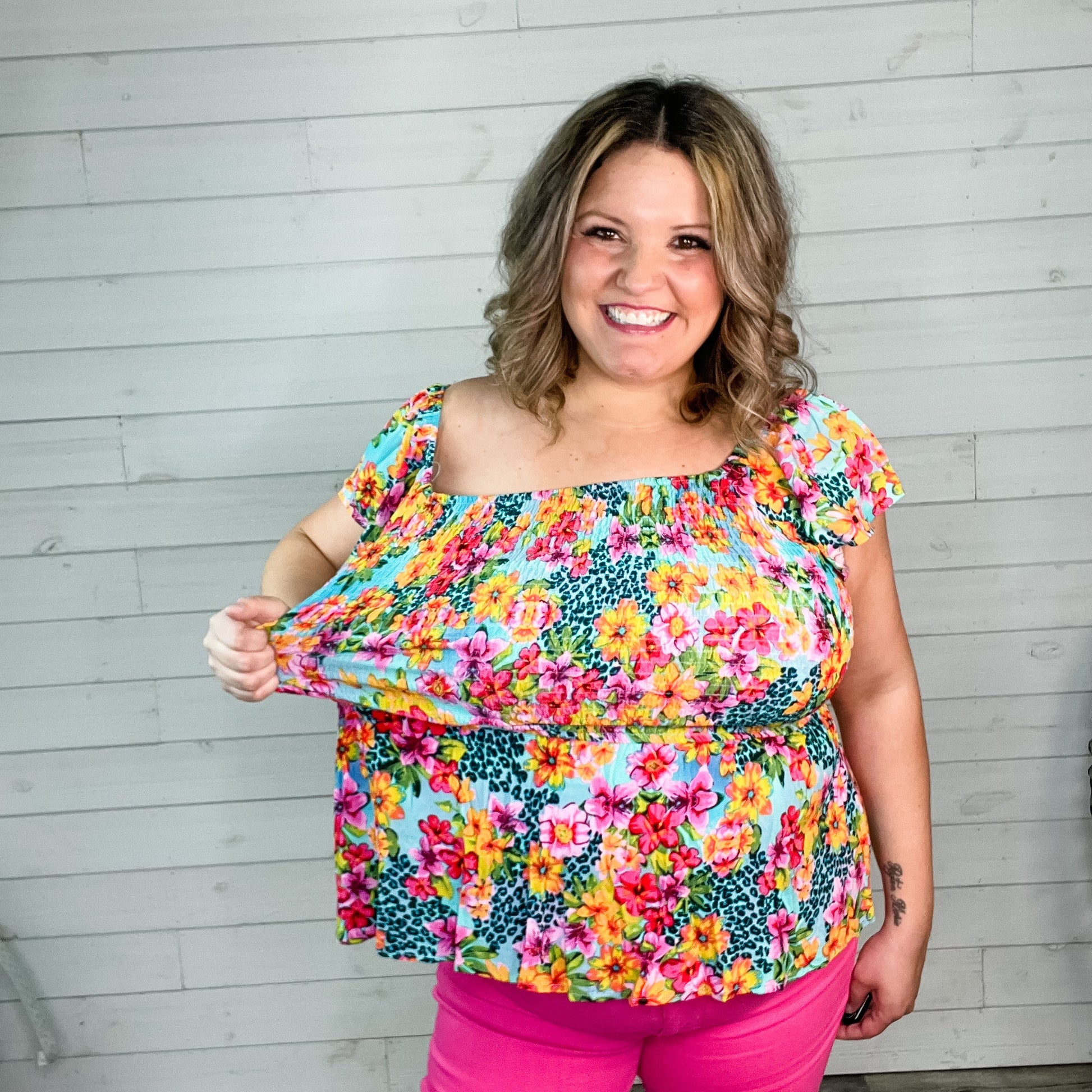 "All Eyes On Me" Floral Animal Smocked Peplum Ruffle Cap Sleeve