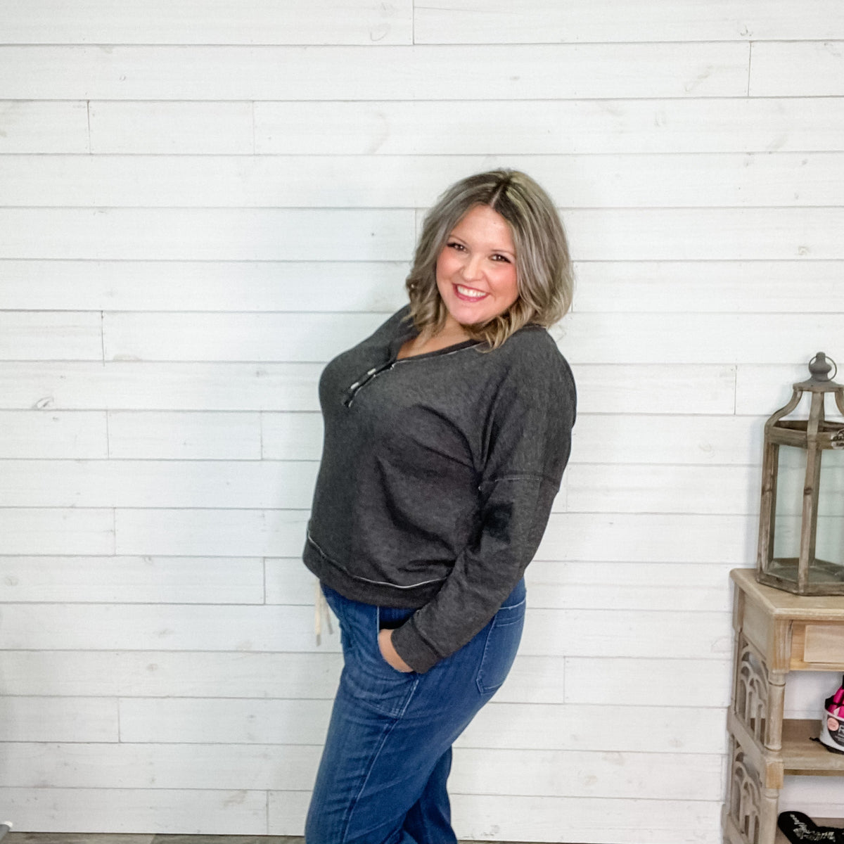 "All Good" Crop Long Sleeve Fleece Henley-Lola Monroe Boutique