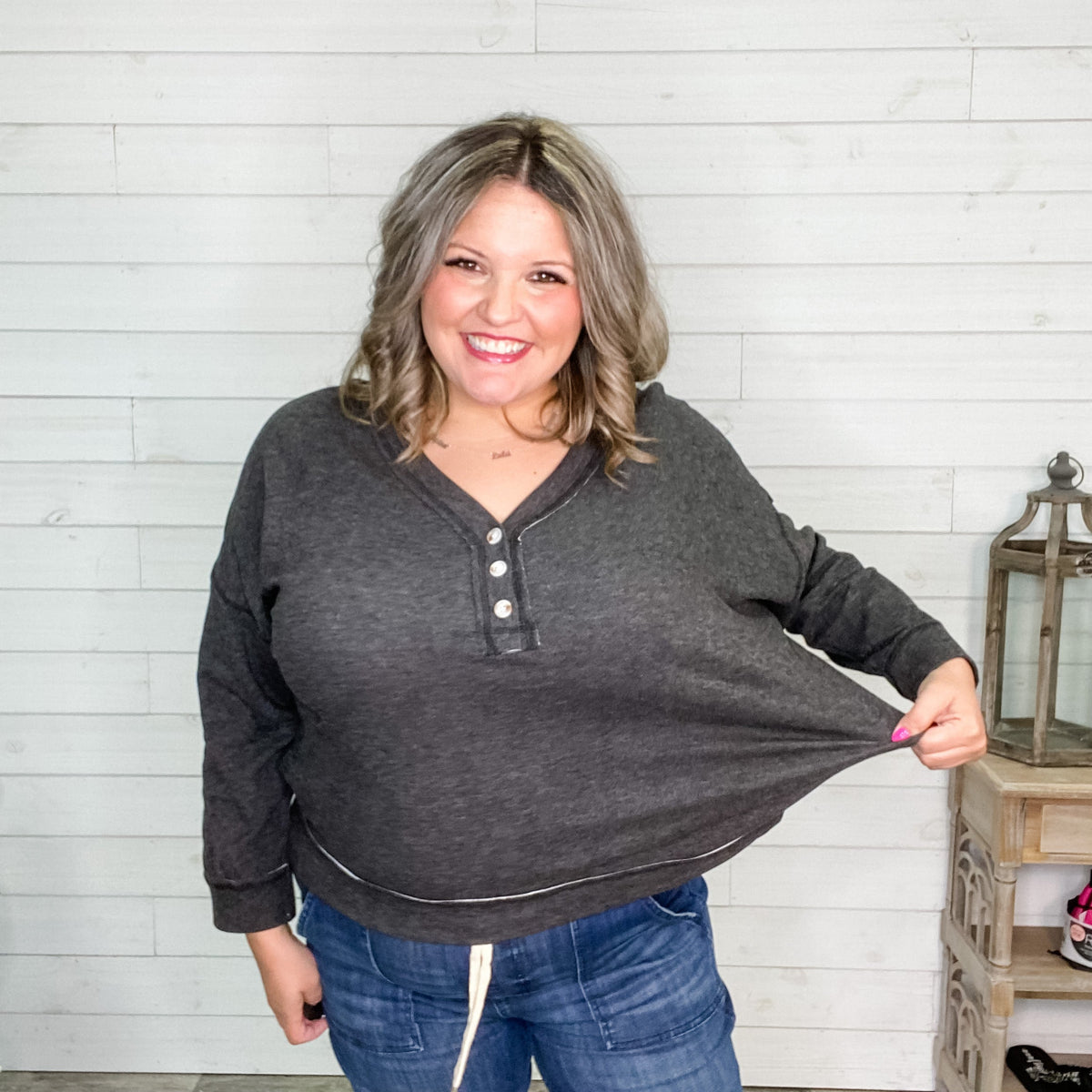 "All Good" Crop Long Sleeve Fleece Henley-Lola Monroe Boutique