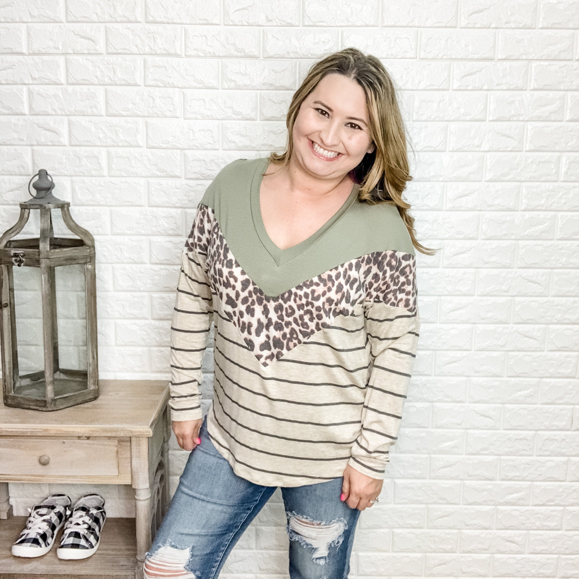 "All Love (Olive)" Animal Accent & Stripes V-Neck Long Sleeve-Lola Monroe Boutique