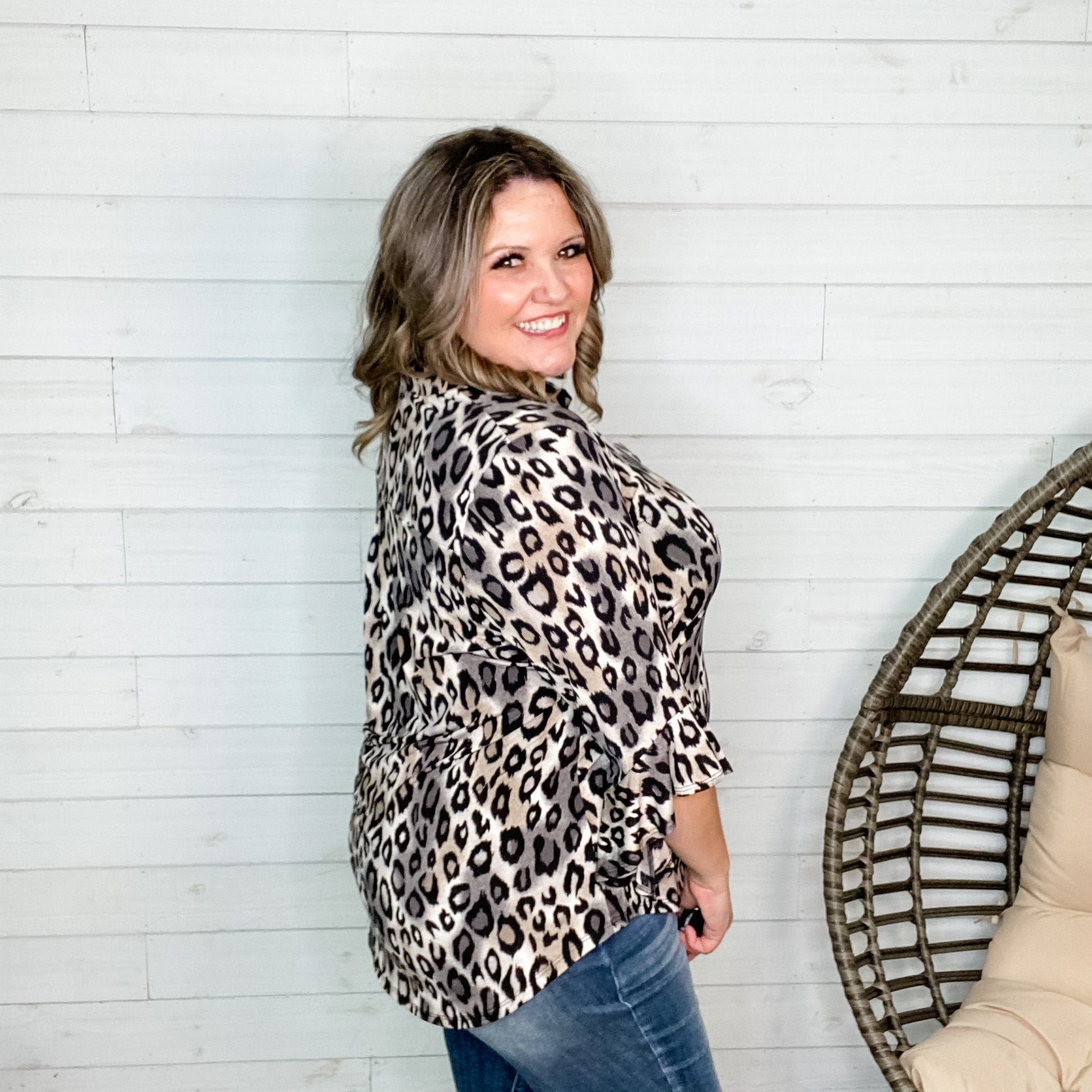 "Amara" Animal Print 3/4 Ruffle Sleeve Split Neck
