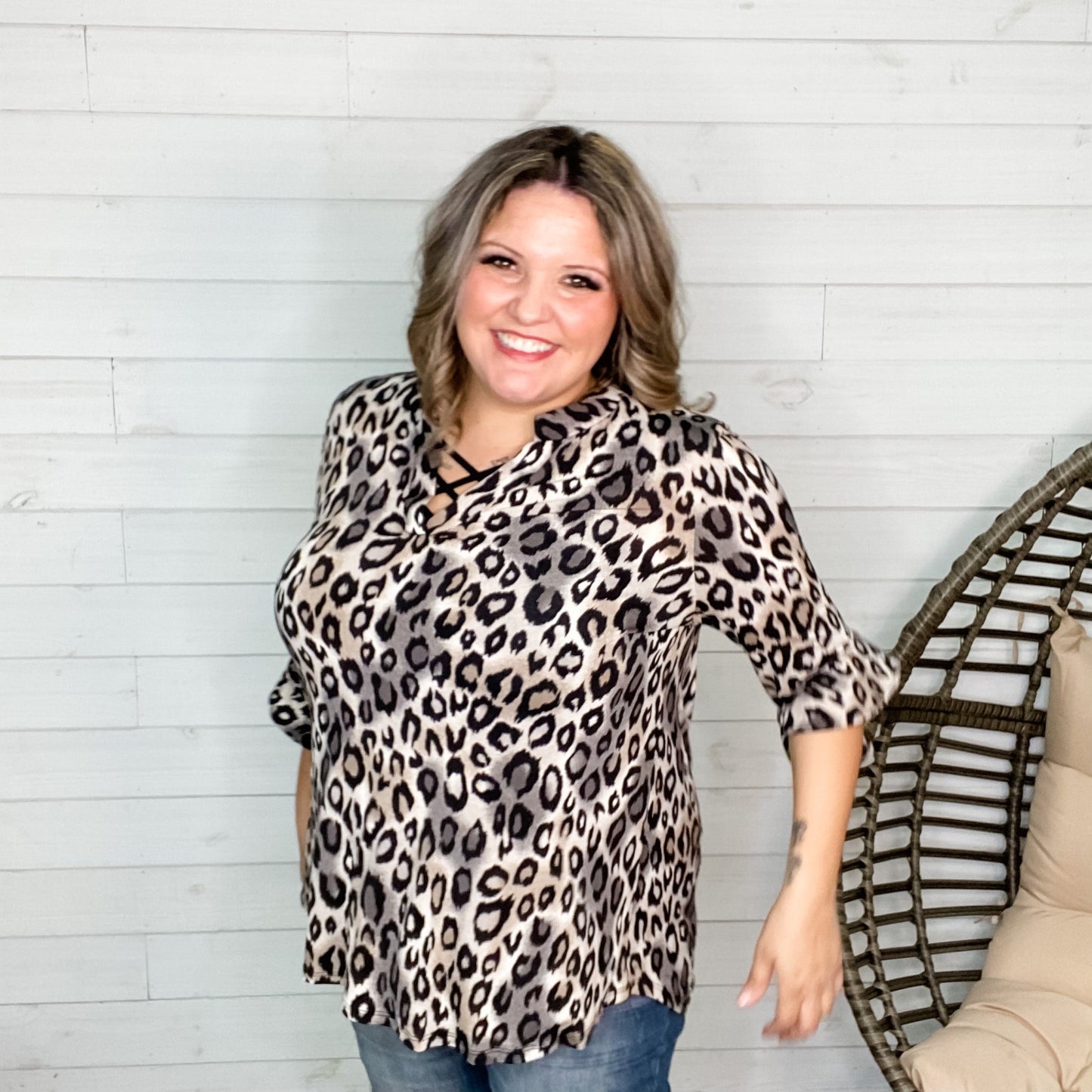 "Amara" Animal Print 3/4 Ruffle Sleeve Split Neck