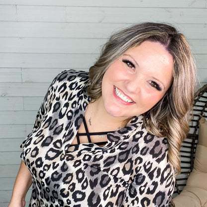 "Amara" Animal Print 3/4 Ruffle Sleeve Split Neck