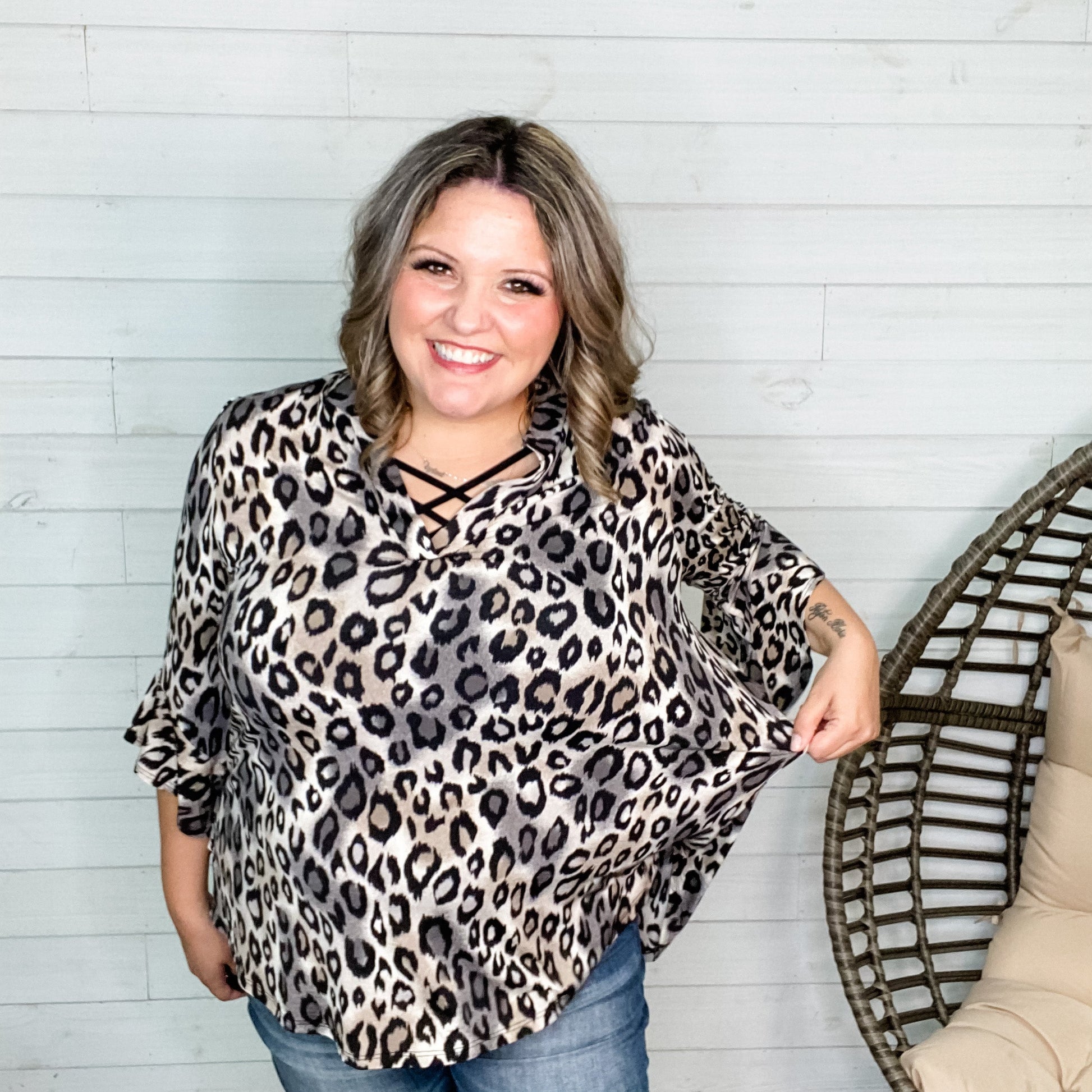 "Amara" Animal Print 3/4 Ruffle Sleeve Split Neck