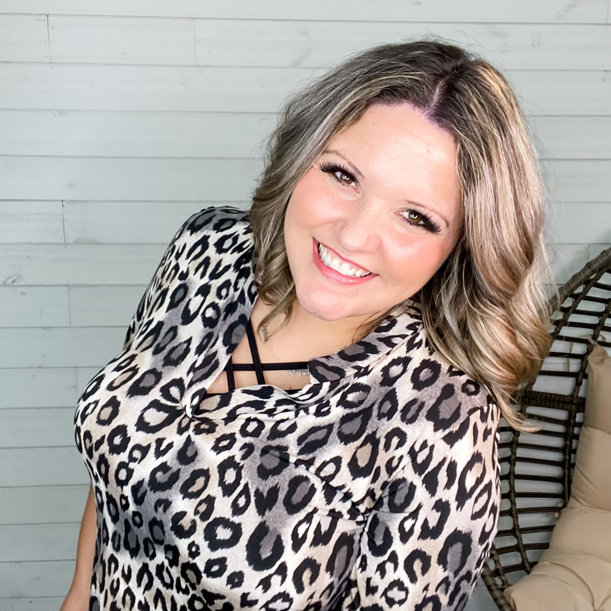 "Amara" Animal Print 3/4 Ruffle Sleeve Split Neck