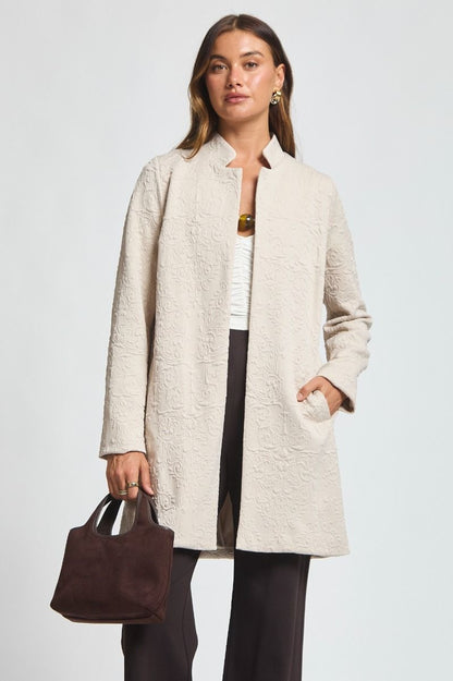 "Amara" Jacquard Midi Coat with Pockets (Oatmeal)