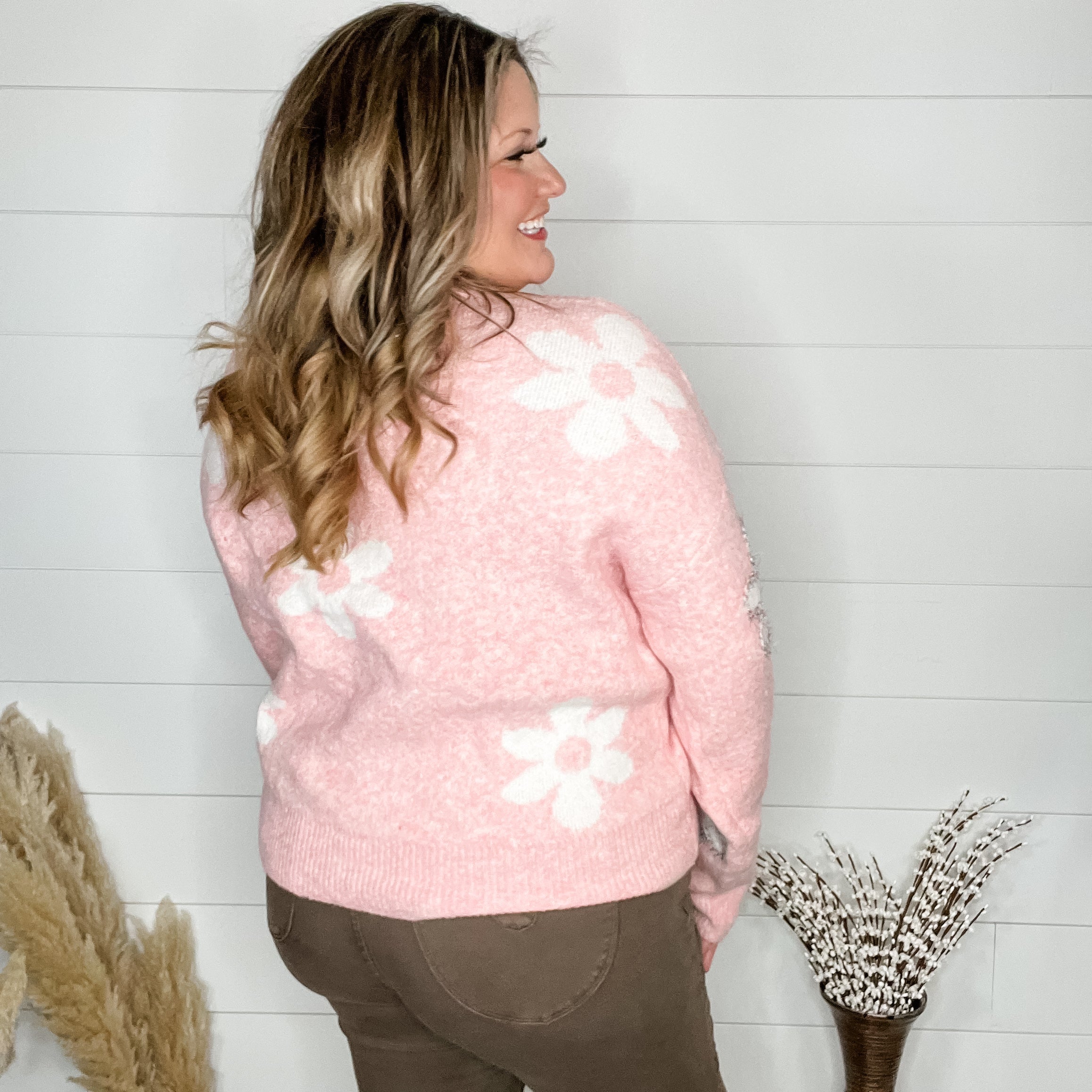 "And It Sparkles Too" Long Sleeve Floral Embellished Sweater-Lola Monroe Boutique