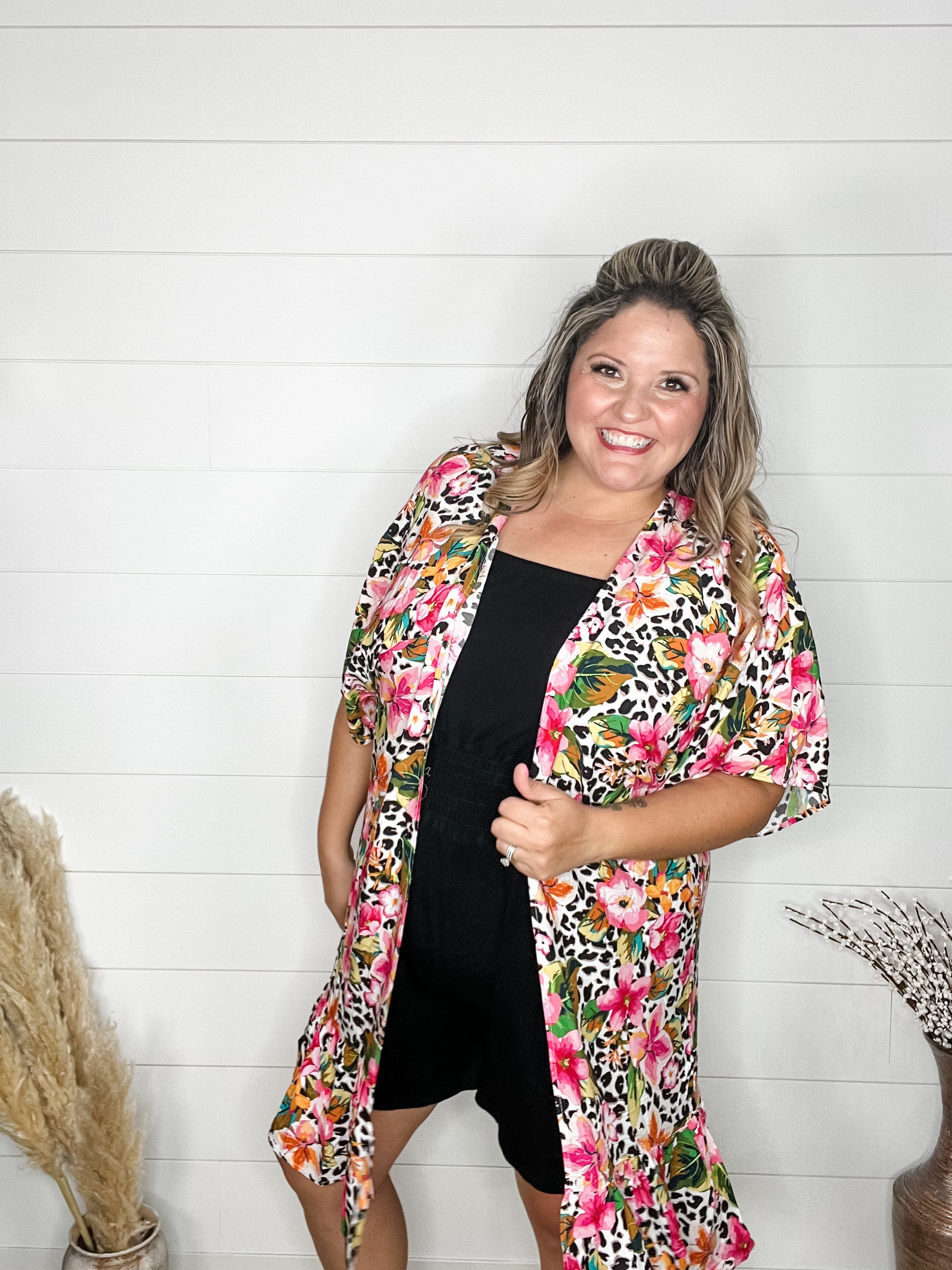 Animal Print & Floral Short Sleeve Kimono with Ruffle Bottom-Lola Monroe Boutique