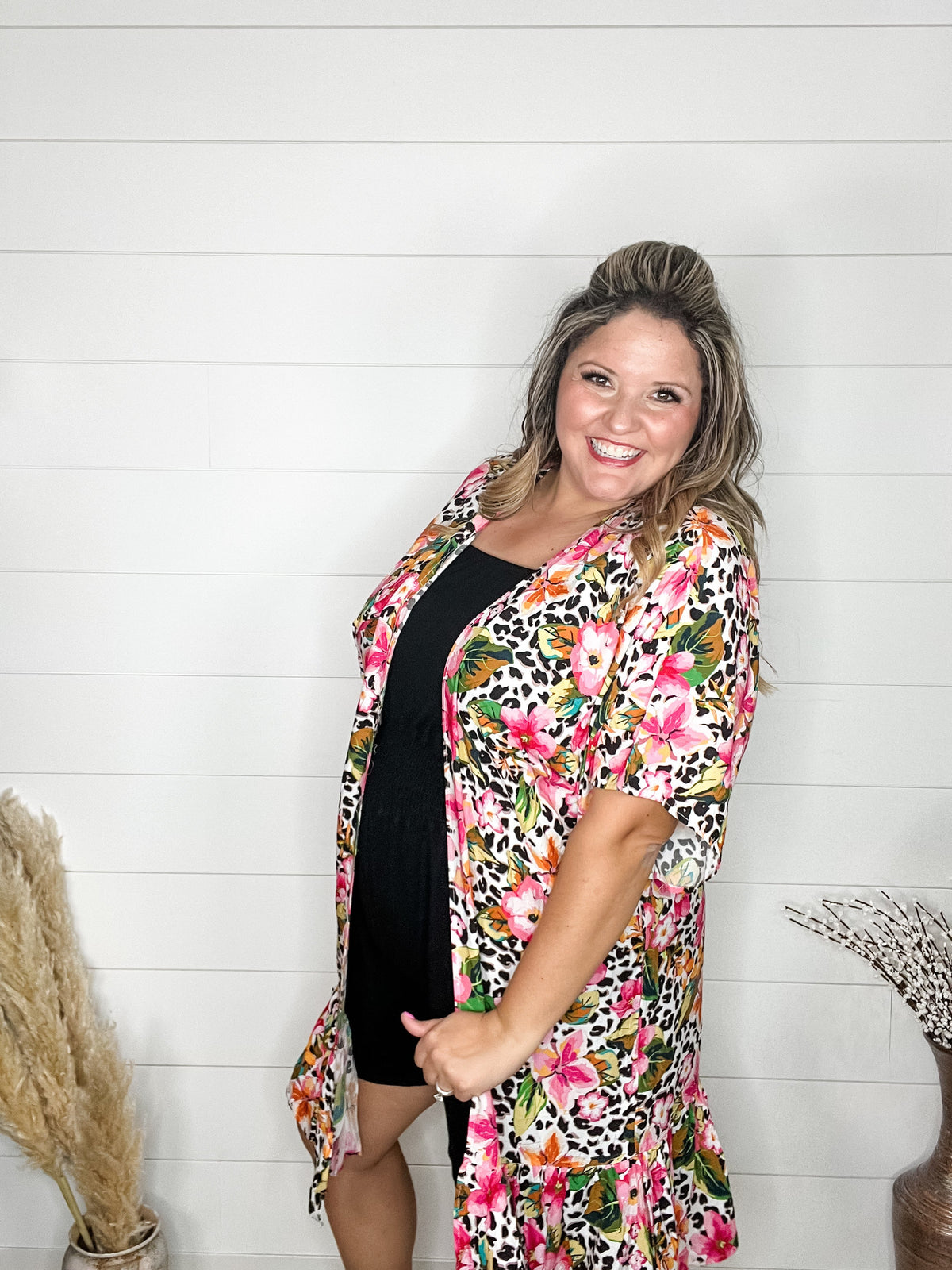 Animal Print & Floral Short Sleeve Kimono with Ruffle Bottom-Lola Monroe Boutique