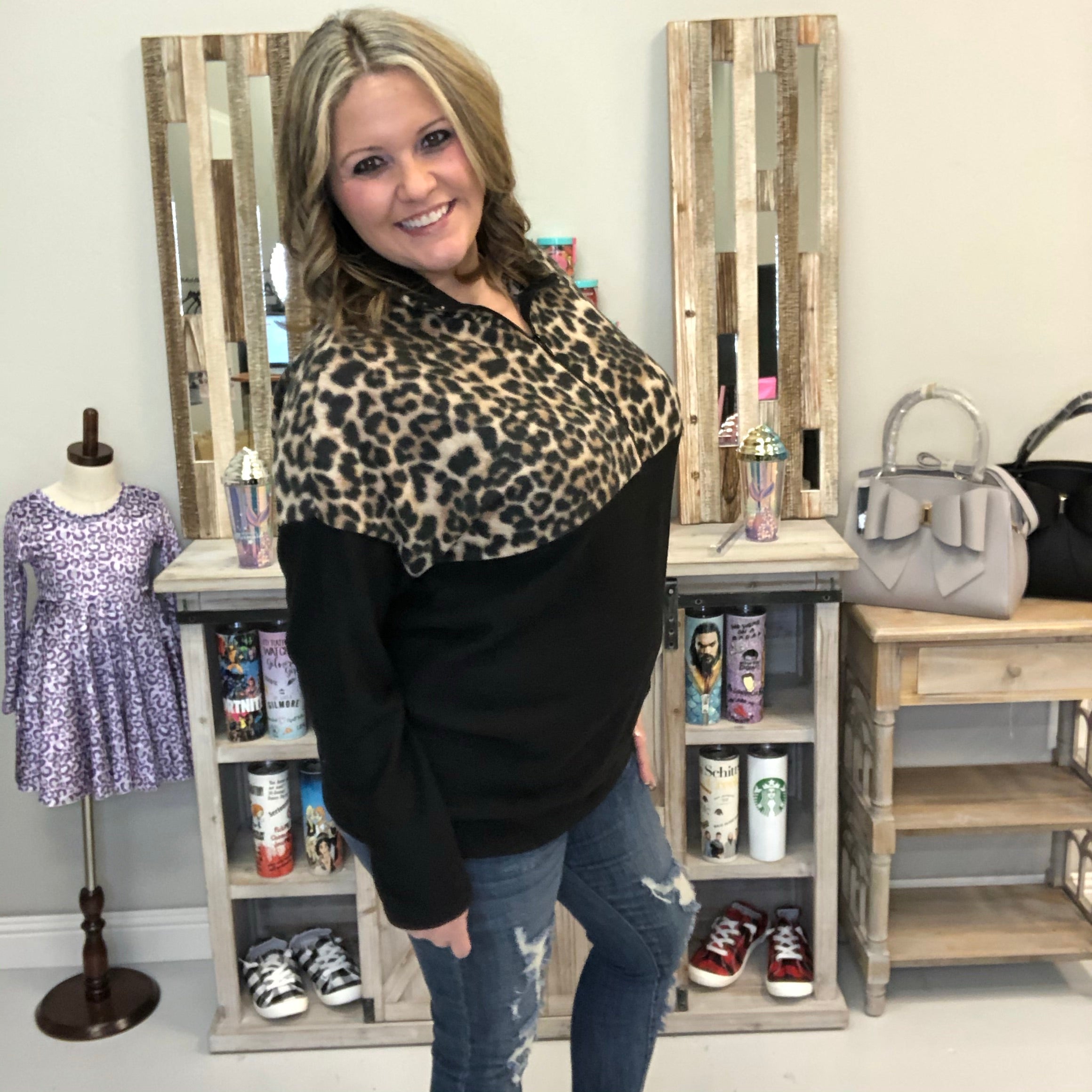 Animal Print Zip Collar Pull Over-Lola Monroe Boutique