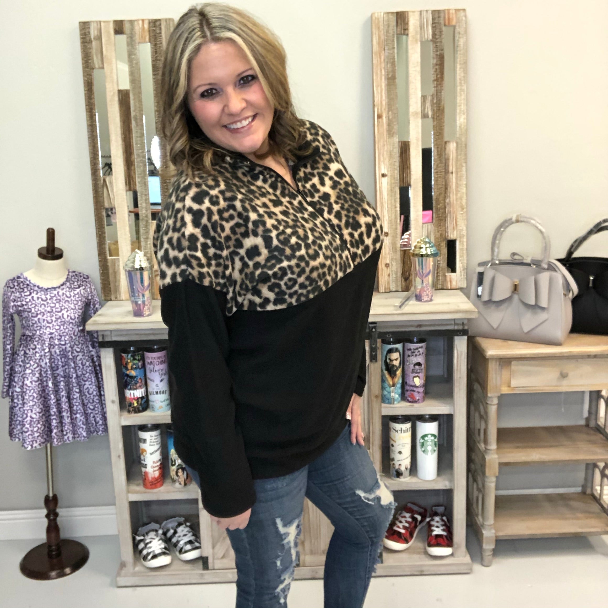 Animal Print Zip Collar Pull Over-Lola Monroe Boutique