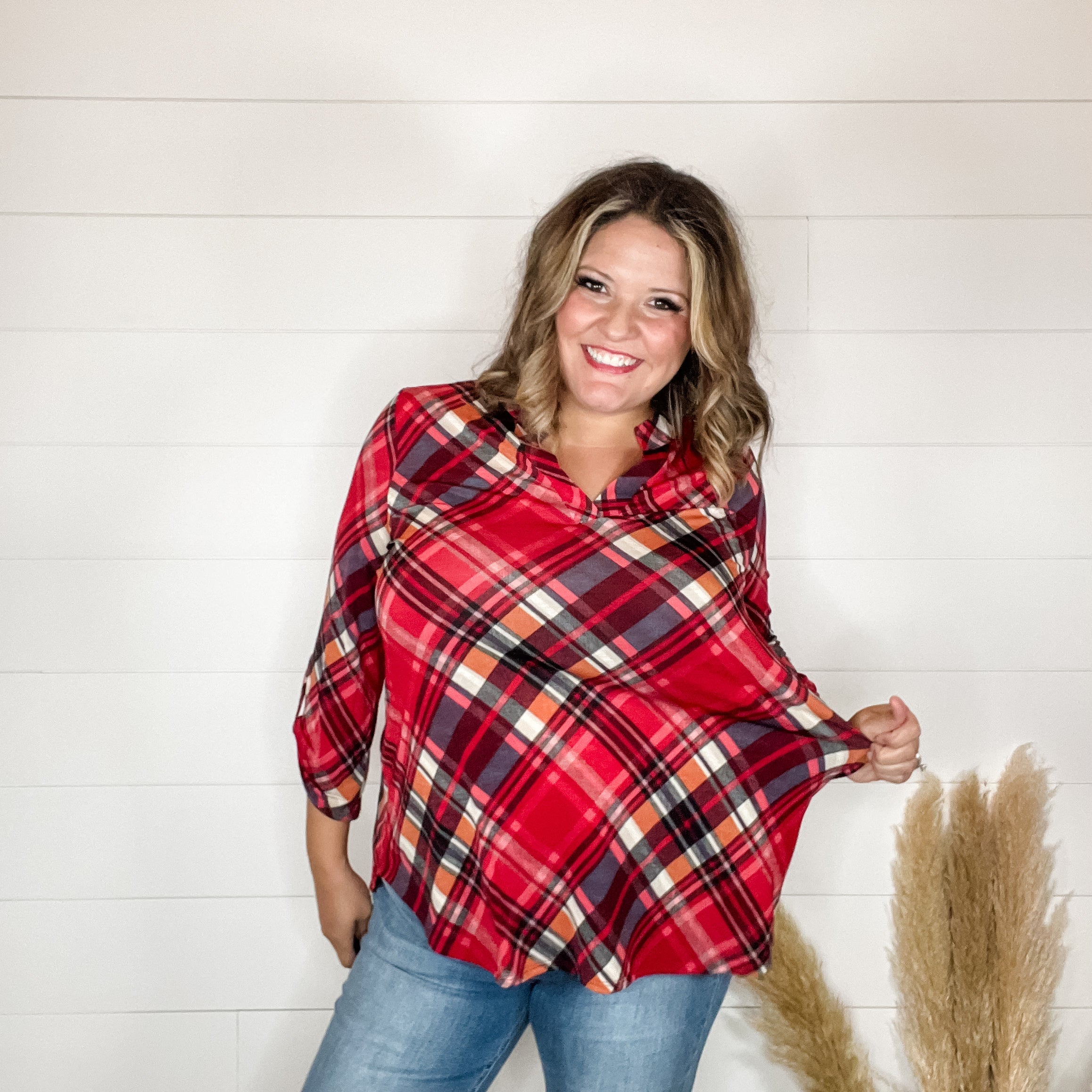 "Apple Crisp" Plaid Lizzy 3/4 Sleeve Split Neck-Lola Monroe Boutique