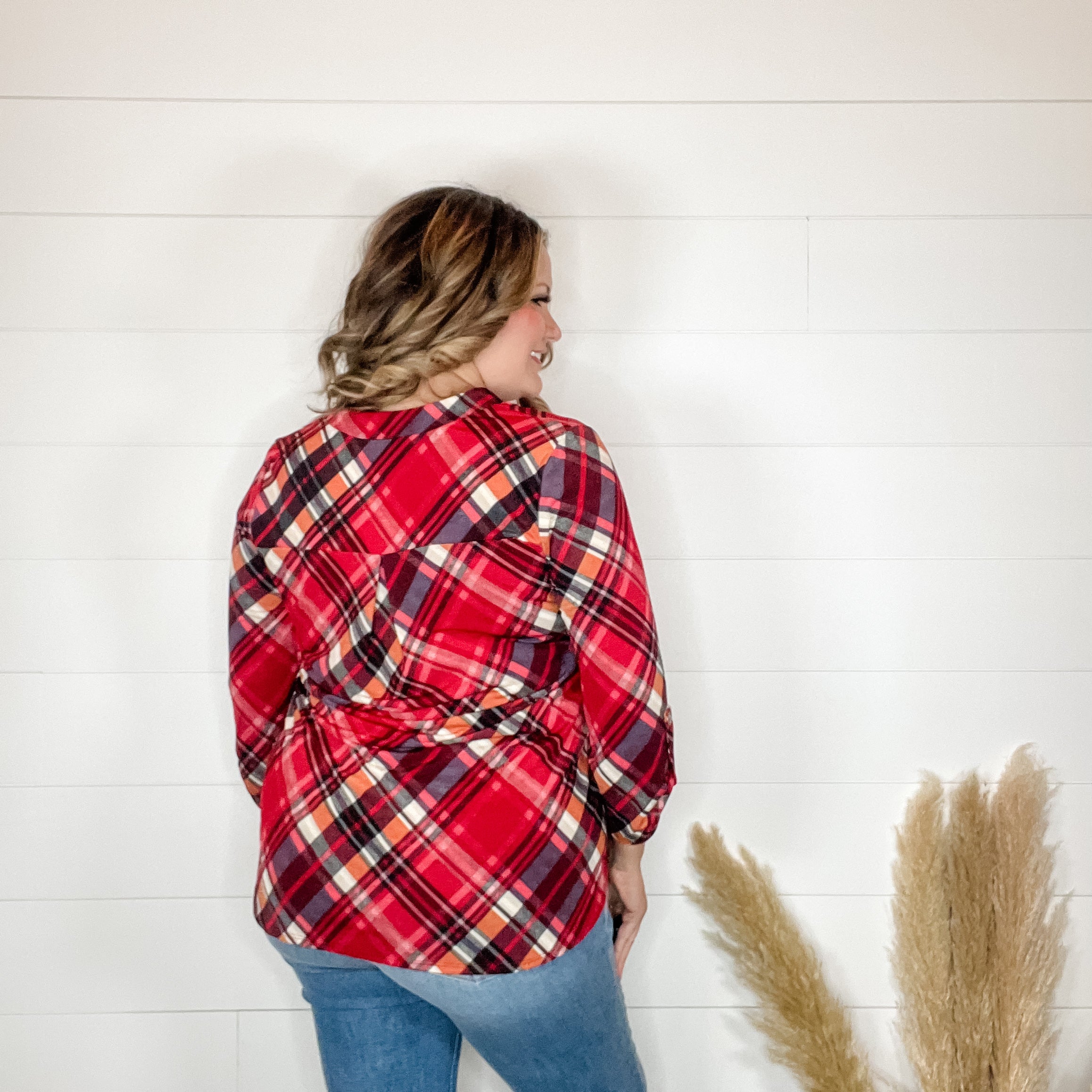 "Apple Crisp" Plaid Lizzy 3/4 Sleeve Split Neck-Lola Monroe Boutique