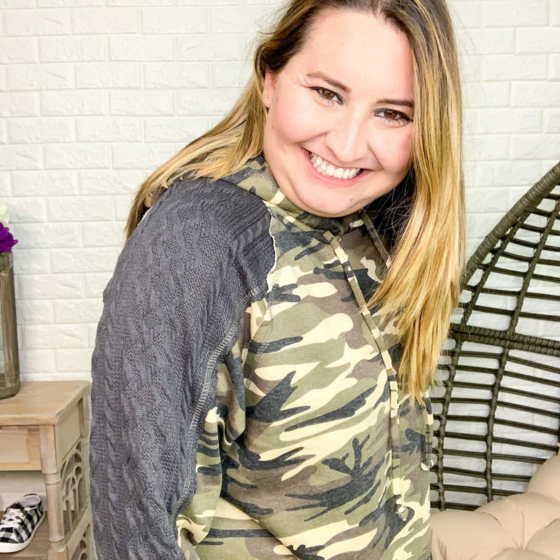 "Are you There" Camo Hoodie with Sweater Sleeves-Lola Monroe Boutique
