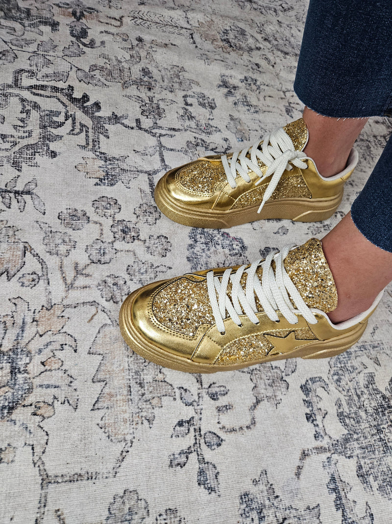 "Aria" Lace Up Platform Tennis Shoe (Gold)-Lola Monroe Boutique