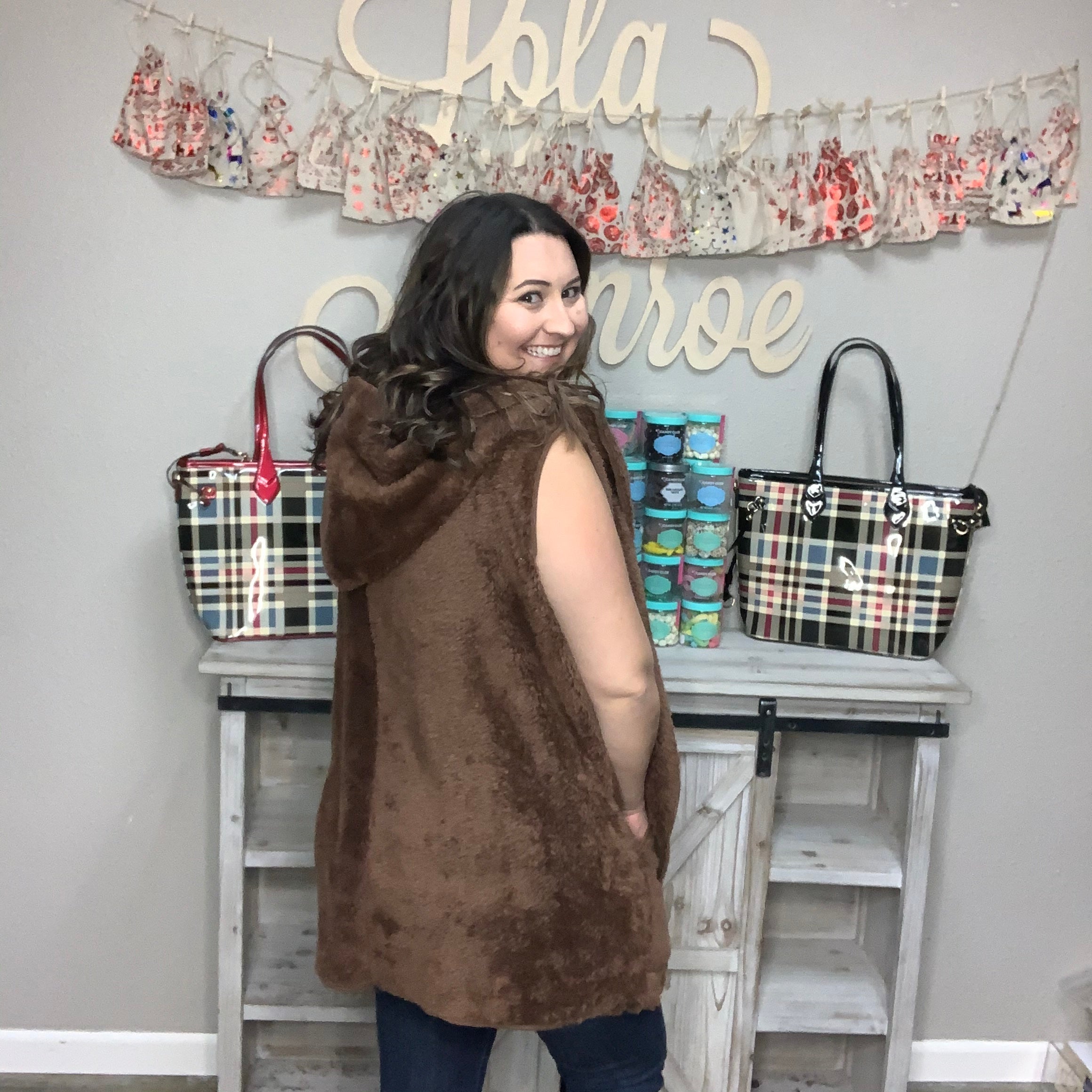 "Aspen" Hooded Faux Fur Vest (Brown)-Lola Monroe Boutique