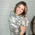 "Attention" Camo Ruffle Sleeve-Lola Monroe Boutique