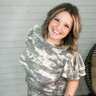 "Attention" Camo Ruffle Sleeve-Lola Monroe Boutique