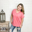 "Austin" Mineral Wash Cuffed Sleeve Pocket Tee-Lola Monroe Boutique