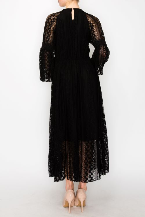 "Country In The Park" Long Sleeve V Neck Lace Dress (Black)