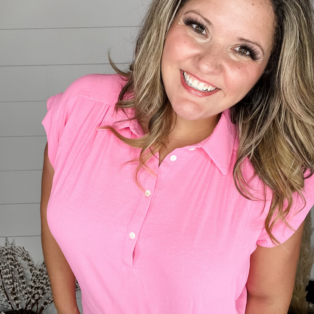 "Bailee" Collared Cap Sleeve Blouse with Front Buttons (Pink Cosmos)